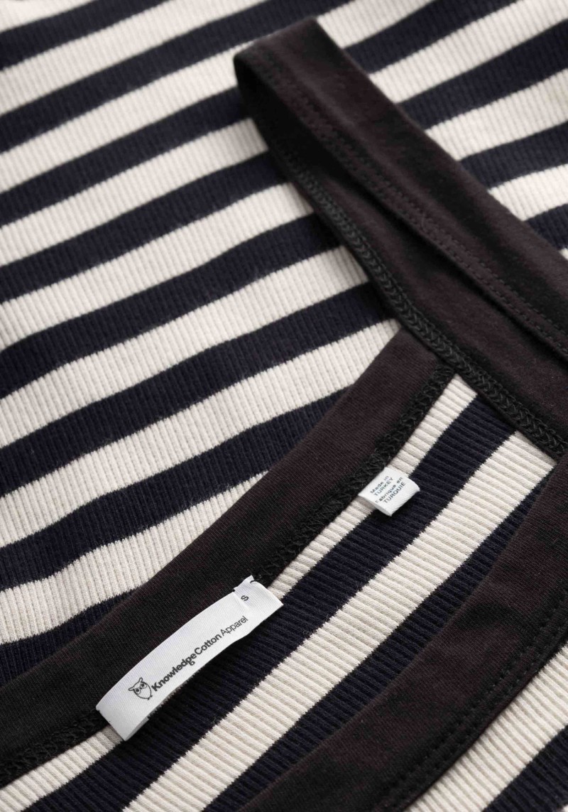 Knowledge Cotton Apparel - Rib Strap Top Striped Black/White