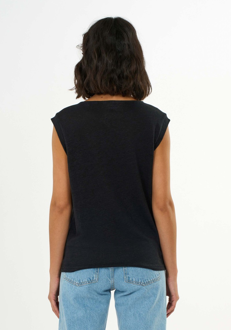 Knowledge Cotton Apparel - Leinen-T-Shirt Loose Fold Up Black Jet