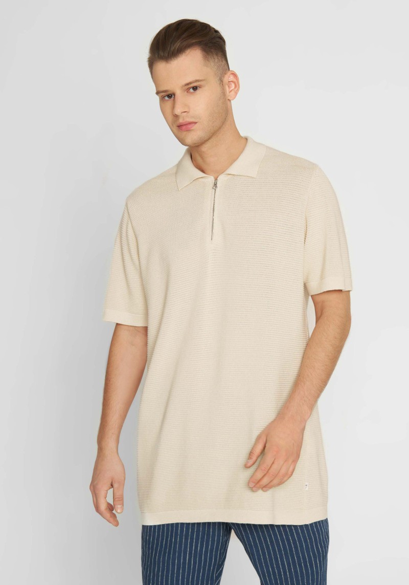 Knowledge Cotton Apparel - Polo with Zipper Reverse Knit Egret