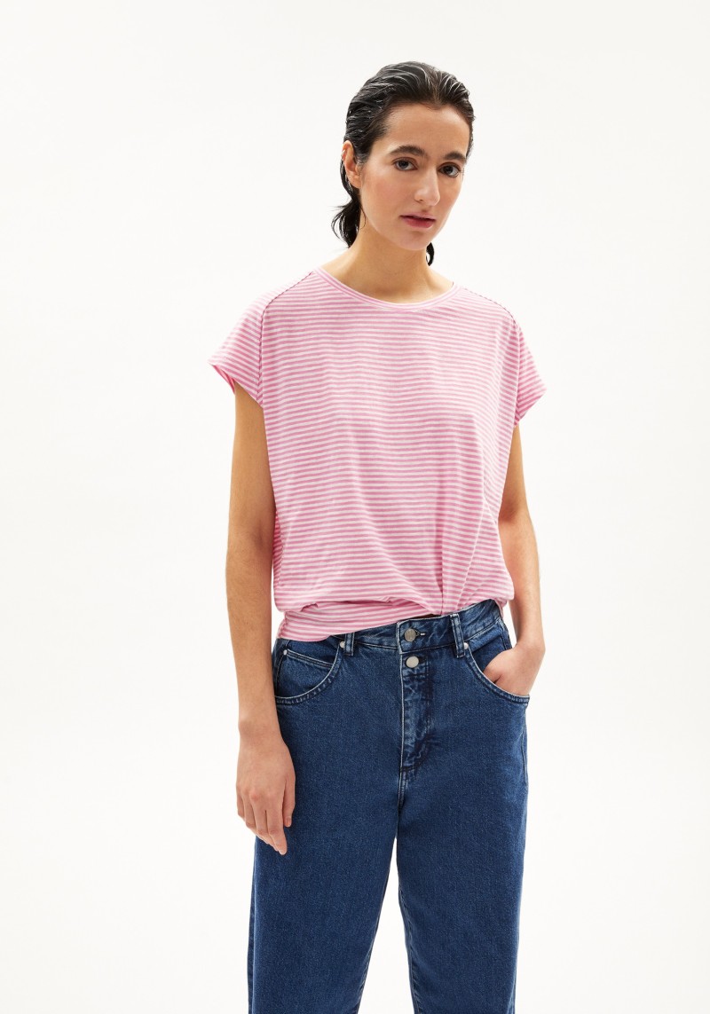 T-Shirt Oneliaa Lovely Stripes Raspberry Pink-Oatmilk