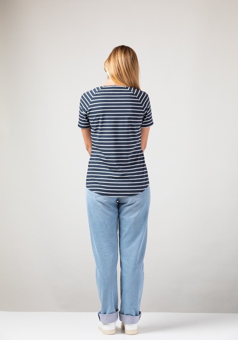 Damen Raglan T-Shirt Basic Ringel Blue/Silver