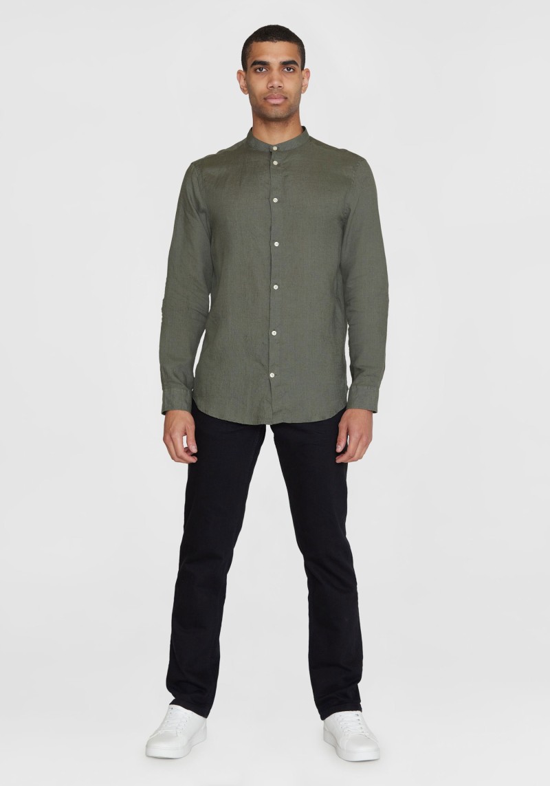 Hemd Regular Linen Stand Collar Shirt Burned Olive