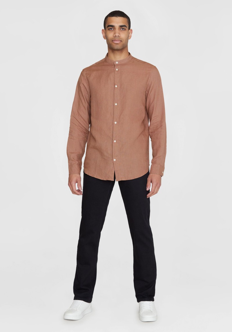 Hemd Regular Linen Stand Collar Shirt Chocolate Malt