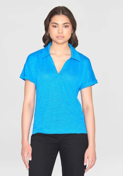 Damen-Poloshirt Linen Bat Sleeve Malibu Blue