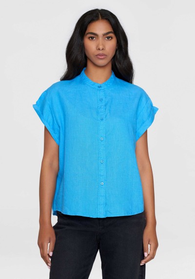 Hemdbluse Collar Stand SS Linen Shirt Malibu Blue