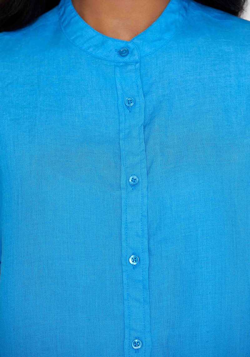 Hemdbluse Collar Stand SS Linen Shirt Malibu Blue