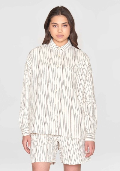 Hemdbluse Wrinkle Stripe Loose A-Shape Shirt Brown Stripe