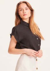 Hemdbluse Knowledge Cotton Apparel Aster Fold Up Short Sleeve Linen Shirt Black Jet