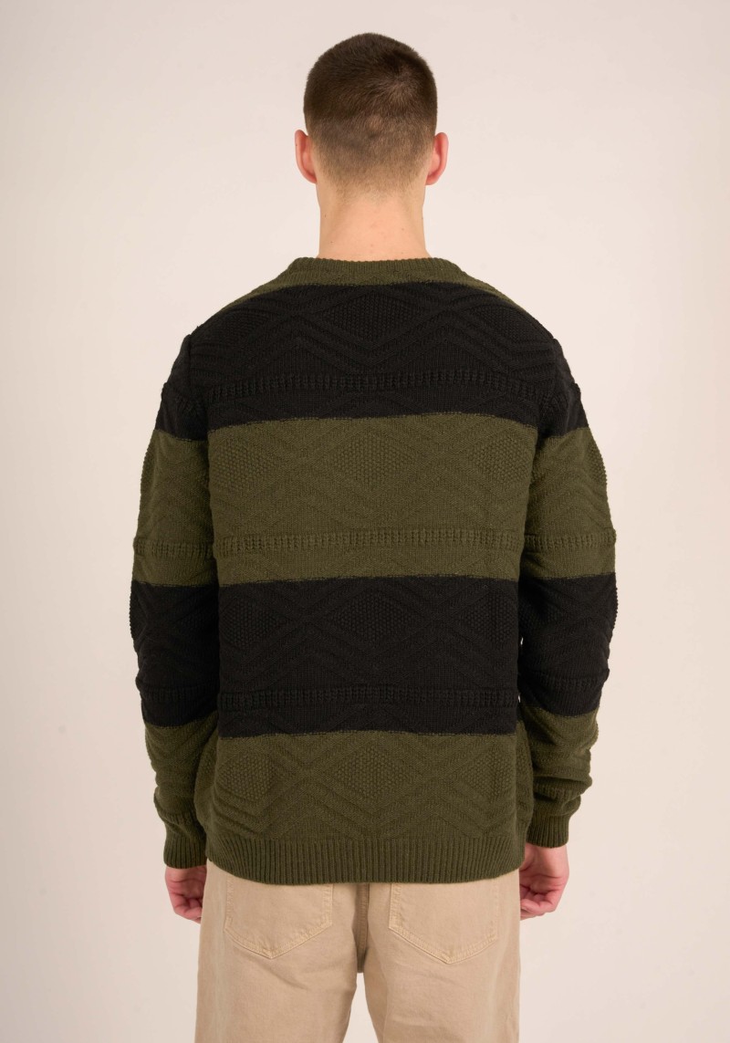 Strickpullover Knowledge Cotton Apparel Cable Block Crew Neck Forrest Night