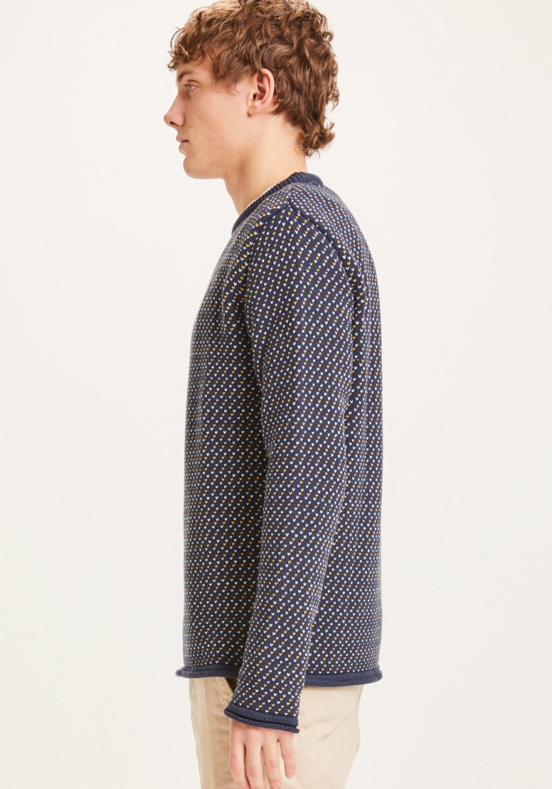 Strickpullover Knowledge Cotton Apparel Valley Jacquard Crew Neck Total Eclipse