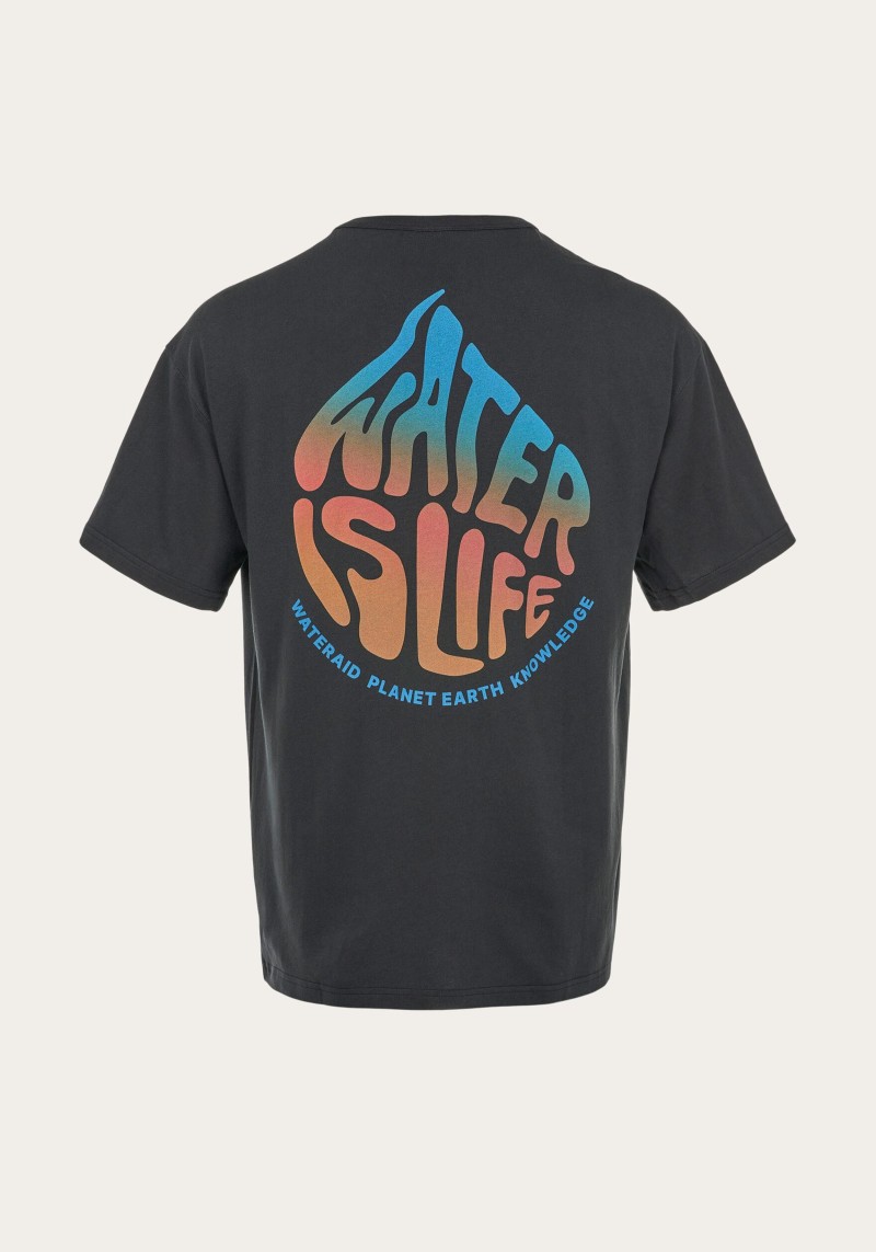 Oversized-T-Shirt Knowledge Cotton Apparel Wateraid Water is Life Black Jet